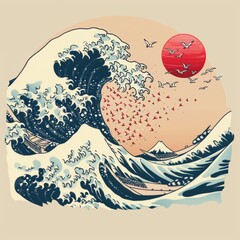 Minimalist Japanese Art Drawing of a Wave with Cherry Blossoms and Cranes, Using Bold Lines and a Limited Color Palette to Symbolize Cultural Heritage