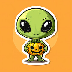 Obraz premium Cartoon Alien Celebrates Halloween Sticker,vector image