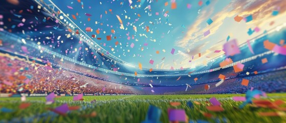 Immerse yourself in the intensity of a soccer stadium, exploding with confetti at its peak moment, Sharpen banner with space for text