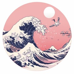 Minimalist Japanese Art Drawing of a Wave with Cherry Blossoms and Cranes, Using Bold Lines and a Limited Color Palette to Symbolize Cultural Heritage