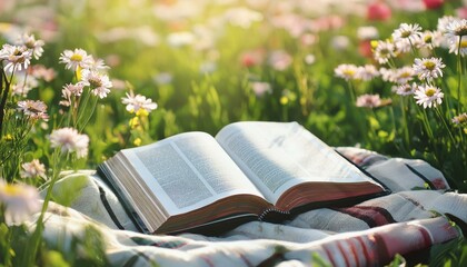 The Open Bible on a picnic blanket in a sunny meadow with wildflowers.