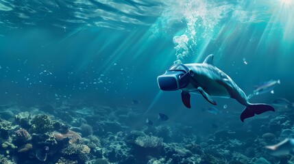 In the deep ocean, a dolphin with a VR headset explores virtual worlds, a digital banner floating in the water nearby