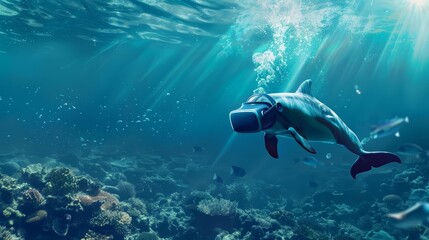 Fototapeta premium In the deep ocean, a dolphin with a VR headset explores virtual worlds, a digital banner floating in the water nearby
