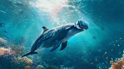 Fototapeta premium In the deep ocean, a dolphin with a VR headset explores virtual worlds, a digital banner floating in the water nearby