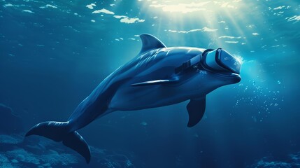 In the deep ocean, a dolphin with a VR headset explores virtual worlds, a digital banner floating in the water nearby