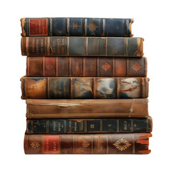 stacks of Vintage books with leather backs isolated on transparent background