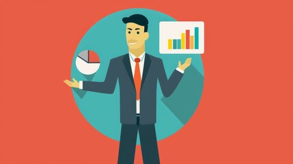 Confident businessman in suit holding a pie chart and bar graph.