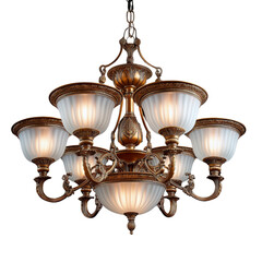 A European style chandelier with white glass shades and a brass frame, showcasing an antique bronze finish