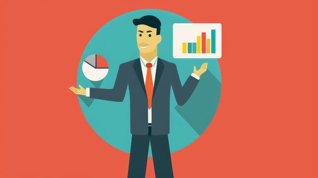 Confident businessman in suit holding a pie chart and bar graph.