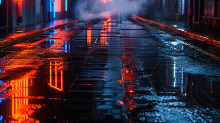 Neon tangerine reflections on a dark street with wet asphalt, empty and smoky environment.