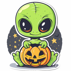 Cartoon Alien Celebrates Halloween Sticker,vector image