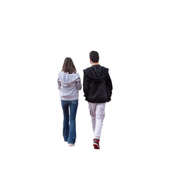 Vue de dos d’un adolescent et d’une adolescente marchant côte à côte, vêtus de sweats à...