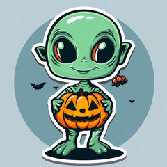 Obraz premium Cartoon Alien Celebrates Halloween Sticker,vector image