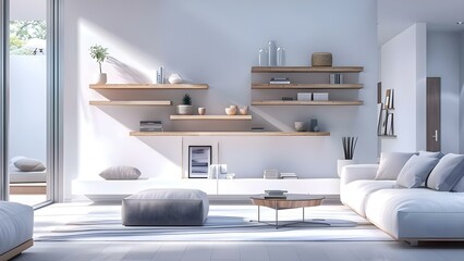 Modern living room with white wall storage organization and wood floating shelves. Concept Living Room Design, Wall Storage, Modern Decor, White Walls, Wood Shelves