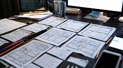 High angle view of a desk with multiple wireframe sketches and digital tools for creating a content management system