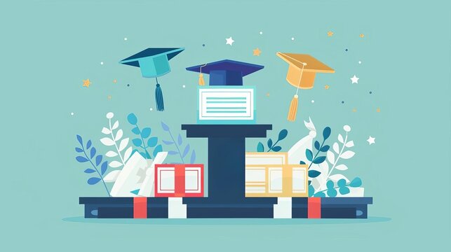 Flat illustration of a certificate completion ceremony with simple diplomas and a straightforward podium