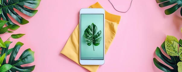 Minimal style design of an ecofriendly fashion app, showcasing sustainable nature brands on a clean, solid color background