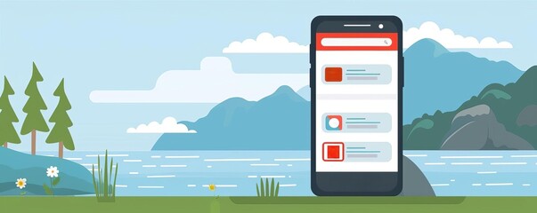 Minimal style flat design of a natural disaster alert app on a mobile phone, with urgent notifications and safety tips