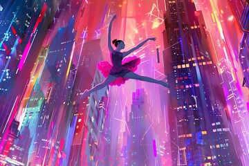 Illustrate a cybernetic ballerina leaping amidst neon-streaked skyscrapers