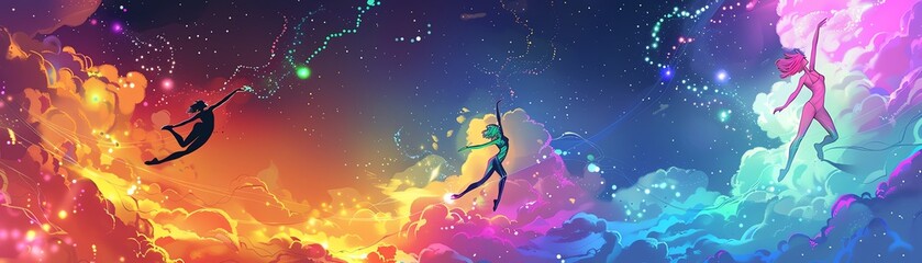 Illustrate a harmonious blend of sleek, metallic robotic ballet performers gracefully pirouetting against a backdrop of swirling cosmic clouds and pulsating neon stars