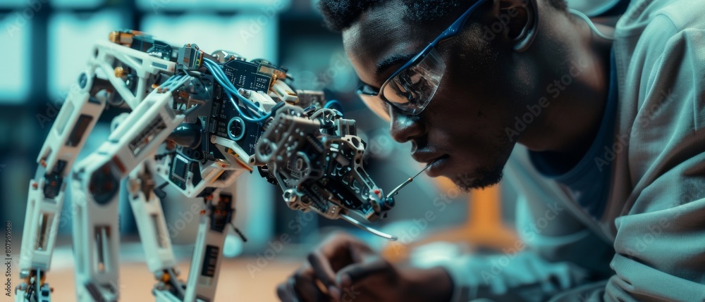 Poster a close-up of an african american robotics engineer setting up a robotic dog prototype. scientist co