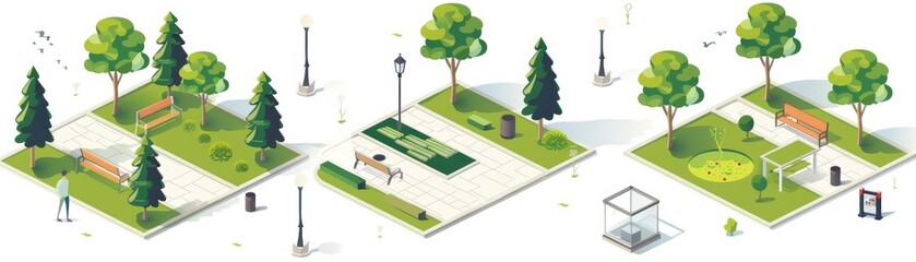 Park set in isometric flat minimalistic design displays various recreational areas with green trees and benches, Sharpen banner with space for text