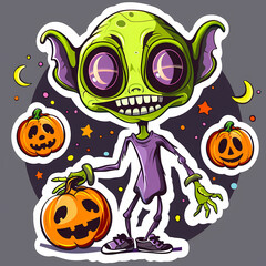 Cartoon Alien Celebrates Halloween Sticker,vector image