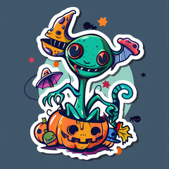 Cartoon Alien Celebrates Halloween Sticker,vector image