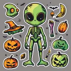 Naklejka premium Cartoon Alien Celebrates Halloween Sticker,vector image