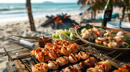 A beachside barbecue with skewers of grilled prawns and scallops, enticing aromas