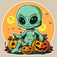 Cartoon Alien Celebrates Halloween Sticker,vector image