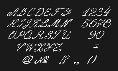 Set of handwritten large English letters, numbers and punctuation marks. White squiggles on a black background. Collection of vector images