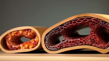 Macro shot of different stages of atherosclerosis in artery models, arranged sequentially for educational comparison