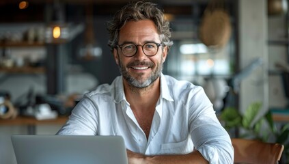 Obraz premium A happy businessman sitting at his desk in an office, smiling and looking into the camera with glasses on. He is wearing white shirt Smiling Businessman in Modern Office with Laptop - 4K HD Wallpaper