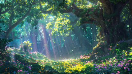 Obraz premium Collection of of enchanting forest fantasy anime scenes , featuring towering ancient trees, whimsical creatures,
