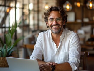 Obraz premium A happy businessman sitting at his desk in an office, smiling and looking into the camera with glasses on. He is wearing white shirt Smiling Businessman in Modern Office with Laptop - 4K HD Wallpaper