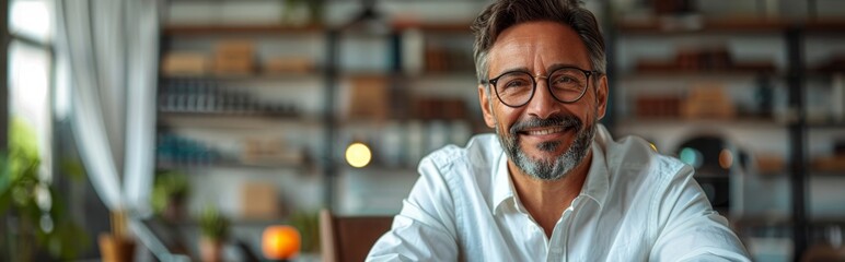 Obraz premium A happy businessman sitting at his desk in an office, smiling and looking into the camera with glasses on. He is wearing white shirt Smiling Businessman in Modern Office with Laptop - 4K HD Wallpaper