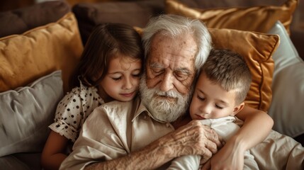 A man is holding two children, one of whom is a little girl