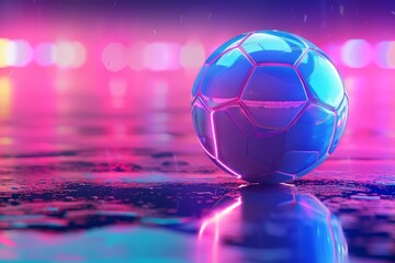Fototapeta premium The soccer ball, glowing on a neonlit background, exemplifies the essence of a futuristic sports banner, Sharpen banner with space for text