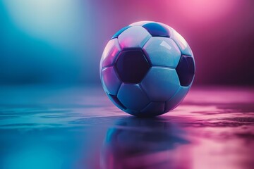 Naklejka premium The soccer ball, glowing on a neonlit background, exemplifies the essence of a futuristic sports banner, Sharpen banner with space for text