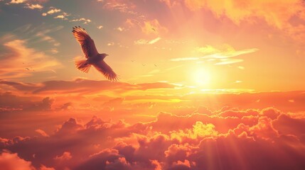 A bird soaring high in the sky as the sun begins its ascent, freedom in dawn's light