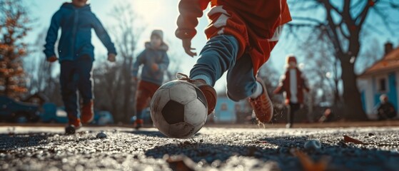 Young Football Players Getting Ready to Play Soccer at Neighborhood Pitch. Sports, Action, and Good Friendship making up Childhood.