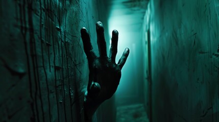 A hand is sticking out of a wall in the dark, AI