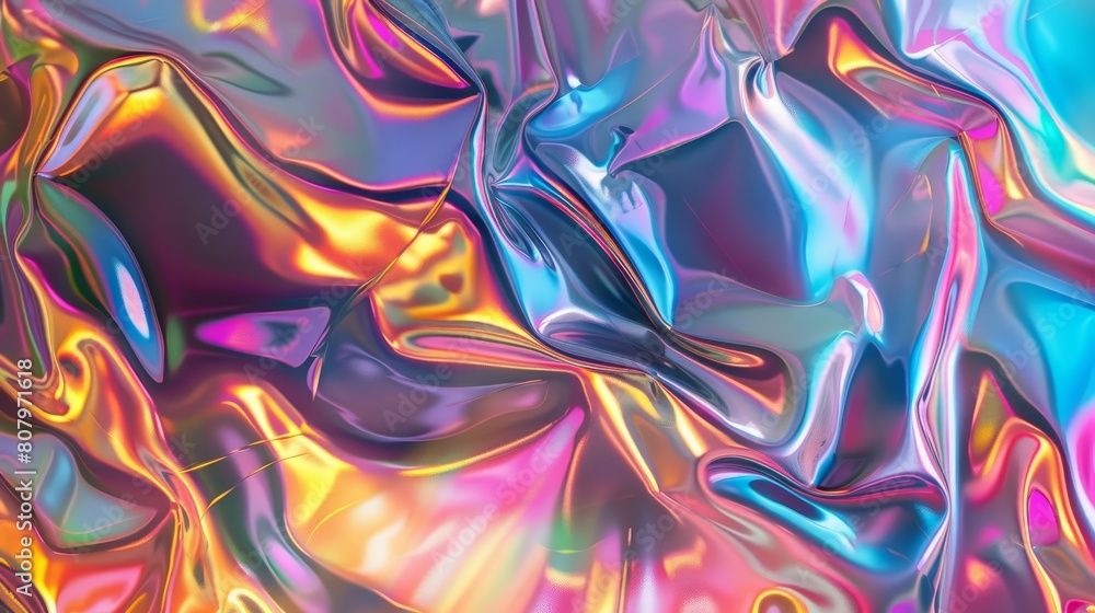 Poster vibrant holographic fluid textures use glossy, shifting colors to create a dynamic and engaging visu