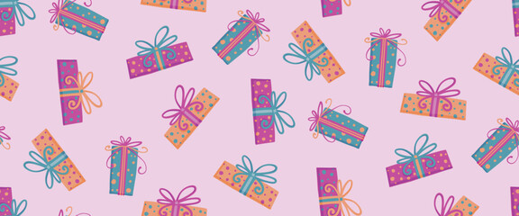 Birthday seamless pattern with presents and gift box decoration for birthday and holiday wrapping paper. For fabric and textile. Celebration backdrop.
