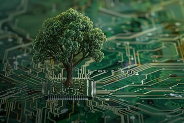 Witness a seamless blend of nature and technology in an illustration where a tree stands tall atop a circuit board
