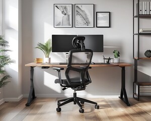 Creative professional's desk with dual monitors, designer ergonomic chair, and a clean, minimal setup