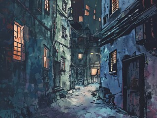 Transform a traditional urban setting into a dystopian landscape, revealing hidden alleys and looming structures from unusual perspectives through realistic digital painting