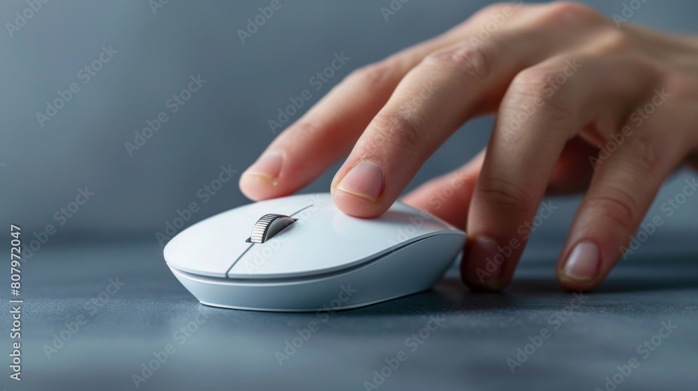 Poster a person's hand on a computer mouse with the pointer in their fingers, ai
