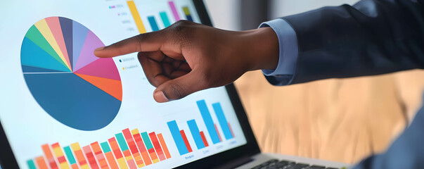 Businessman touching financial data chart and graph on digital screen in office, financial dashboard showing diversification of investment or asset allocation or portfolio management on stock